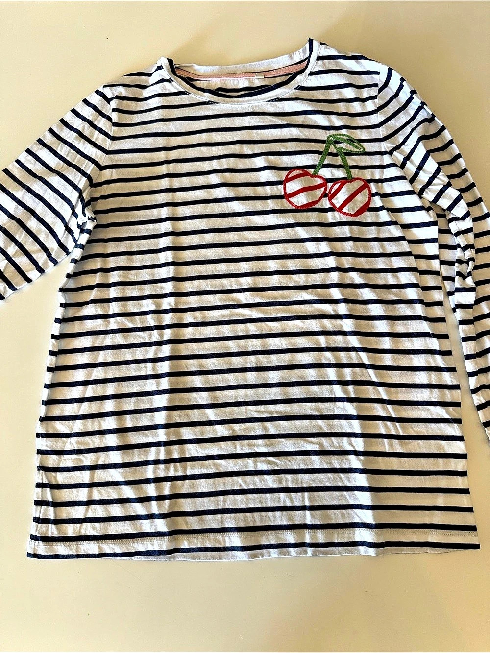Boden Cherry Applique Striped Long Sleeve Top White & Blue Small